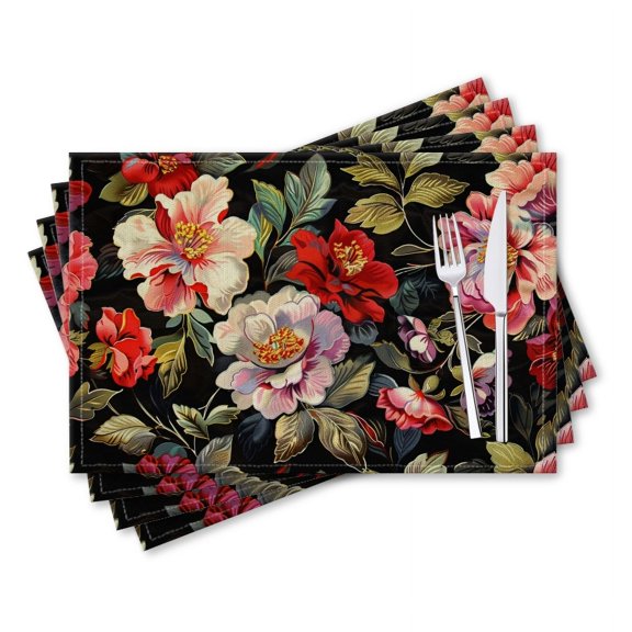 BaHomeck placemats Set of 4 rectangle Linen Cotton Placemats for Dining Table Washable Heat Resistant,18*12inch,Floral Pattern In The Style Of Traditional Chinese Art