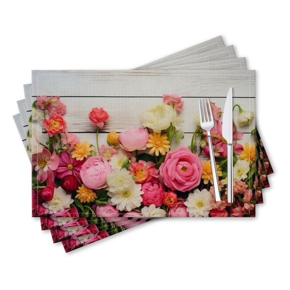 BaHomeck placemats Set of 4 rectangle Linen Cotton Placemats for Dining Table Washable Heat Resistant,18*12inch,Flowers Frame On White Wooden Background