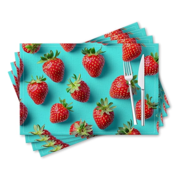 BaHomeck placemats Set of 4 rectangle Linen Cotton Placemats for Dining Table Washable Heat Resistant,18*12inch,Fruit Pattern With Strawberries On Blue Background