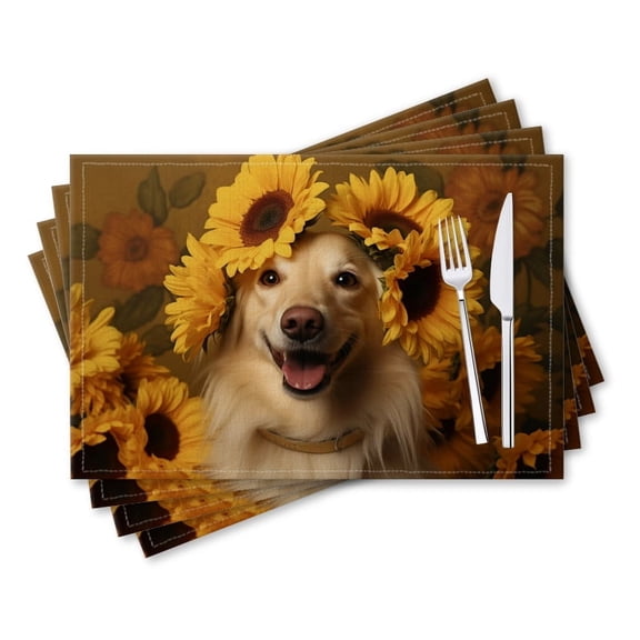BaHomeck placemats Set of 4 rectangle Linen Cotton Placemats for Dining Table Washable Heat Resistant,18*12inch,Golden Retriever Wearing Sunflowers On Head