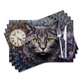 thumbnail image 1 of BaHomeck placemats Set of 4 rectangle Linen Cotton Placemats for Dining Table Washable Heat Resistant,18*12inch,Gray Cat With Yellow Eyes And Purple Flowers In The Background, 1 of 4