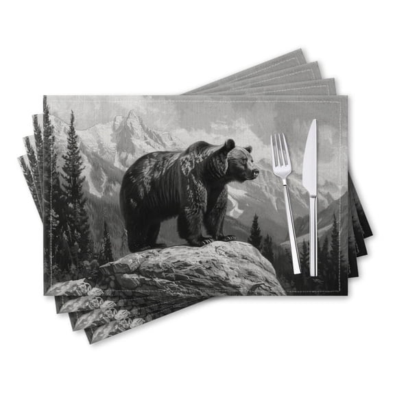 BaHomeck placemats Set of 4 rectangle Linen Cotton Placemats for Dining Table Washable Heat Resistant,18*12inch,Grizzly Bear Standing With Trees In The Background