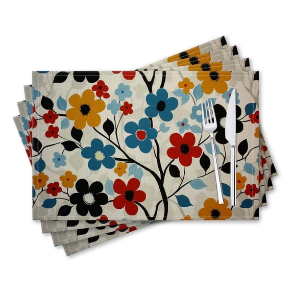 BaHomeck placemats Set of 4 rectangle Linen Cotton Placemats for Dining Table Washable Heat Resistant,18*12inch,Groovy Floral Pattern On White Background