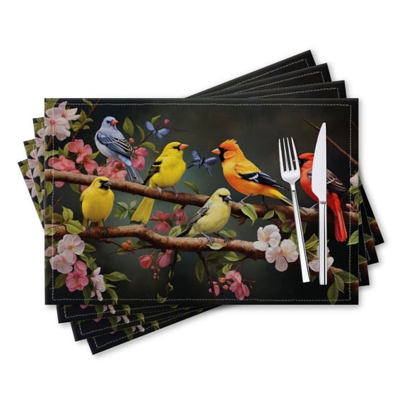 BaHomeck placemats Set of 4 rectangle Linen Cotton Placemats for Dining Table Washable Heat Resistant,18*12inch,Group Of Colorful Birds Perched On Branches (2)