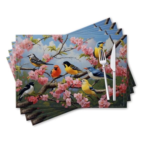 BaHomeck placemats Set of 4 rectangle Linen Cotton Placemats for Dining Table Washable Heat Resistant,18*12inch,Group Of Colorful Birds Perched On The Branches