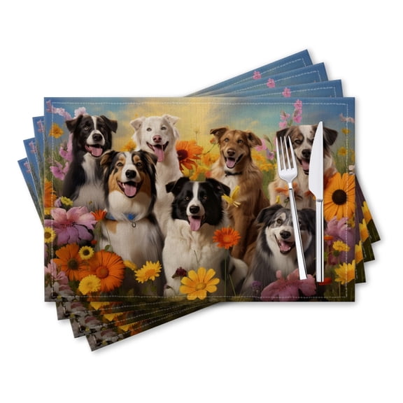 BaHomeck placemats Set of 4 rectangle Linen Cotton Placemats for Dining Table Washable Heat Resistant,18*12inch,Group Of Happy Dogs Among Flowers In Sunny