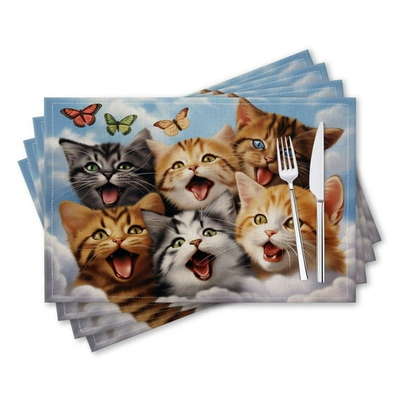 BaHomeck placemats Set of 4 rectangle Linen Cotton Placemats for Dining Table Washable Heat Resistant,18*12inch,Group Of Happy Smiling Cats In The Clouds