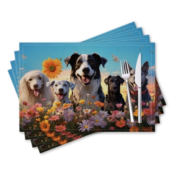 BaHomeck placemats Set of 4 rectangle Linen Cotton Placemats for Dining Table Washable Heat Resistant,18*12inch,Group Of Happy Dogs Including Border Collie And White Dog