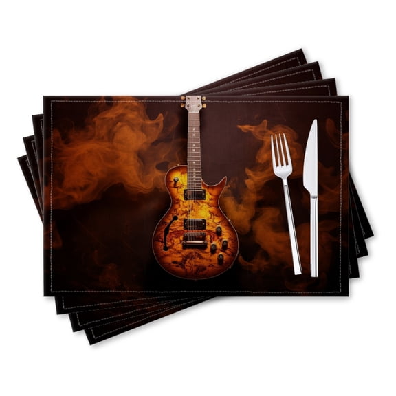 BaHomeck placemats Set of 4 rectangle Linen Cotton Placemats for Dining Table Washable Heat Resistant,18*12inch,Guitar With Flames And Smoke On Smoky Background