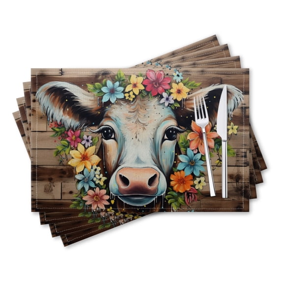 BaHomeck placemats Set of 4 rectangle Linen Cotton Placemats for Dining Table Washable Heat Resistant,18*12inch,Hand-Painted Cow Portrait With Flowers On Wooden Background
