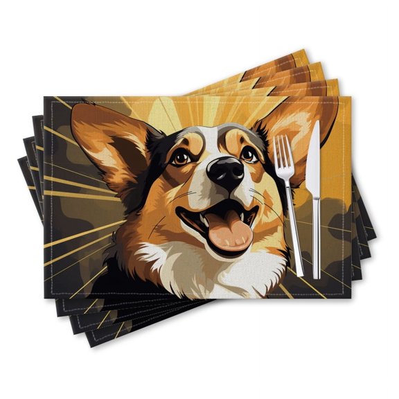 BaHomeck placemats Set of 4 rectangle Linen Cotton Placemats for Dining Table Washable Heat Resistant,18*12inch,Happy Corgi Dog With Yellow Rays Of Light In The Background