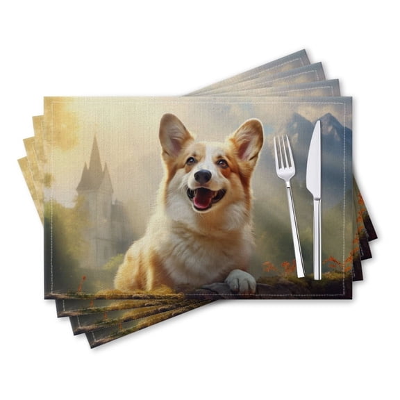 BaHomeck placemats Set of 4 rectangle Linen Cotton Placemats for Dining Table Washable Heat Resistant,18*12inch,Happy Corgi Smiling In Front Of Castle