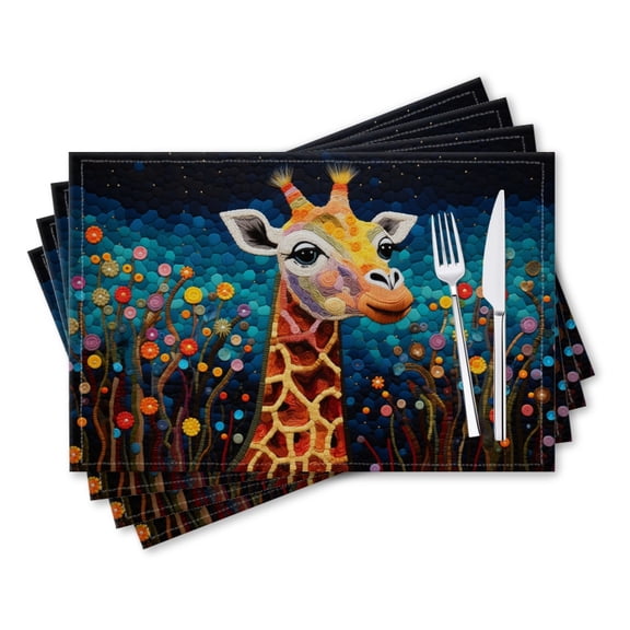 BaHomeck placemats Set of 4 rectangle Linen Cotton Placemats for Dining Table Washable Heat Resistant,18*12inch,Happy Giraffe With Colorful Background