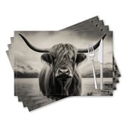 BaHomeck placemats Set of 4 rectangle Linen Cotton Placemats for Dining Table Washable Heat Resistant,18*12inch,Highland Cow In The Scottish Highlands