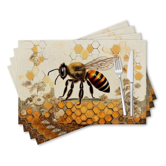 BaHomeck placemats Set of 4 rectangle Linen Cotton Placemats for Dining Table Washable Heat Resistant,18*12inch,Honey Bee On The Surface Of Empty Beehive