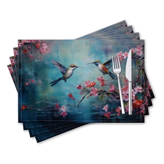 BaHomeck placemats Set of 4 rectangle Linen Cotton Placemats for Dining Table Washable Heat Resistant,18*12inch,Hummingbirds Flying Over Water And Surrounded By Pink Cherry Blossoms