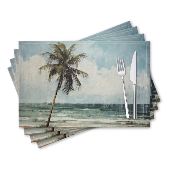 BaHomeck placemats Set of 4 rectangle Linen Cotton Placemats for Dining Table Washable Heat Resistant,18*12inch,Isolated Palm Tree On The Beach With Muted Colors