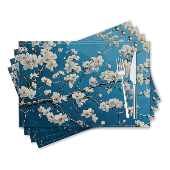 BaHomeck placemats Set of 4 rectangle Linen Cotton Placemats for Dining Table Washable Heat Resistant,18*12inch,Large Painting Of White Cherry Blossoms On Blue Background