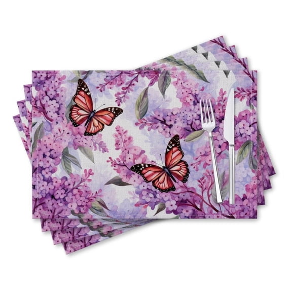 BaHomeck placemats Set of 4 rectangle Linen Cotton Placemats for Dining Table Washable Heat Resistant,18*12inch,Lilac Flowers And Butterflies Painting On White Background