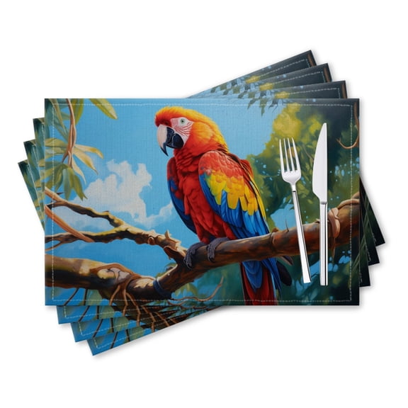 BaHomeck placemats Set of 4 rectangle Linen Cotton Placemats for Dining Table Washable Heat Resistant,18*12inch,Macaw Parrot Perched On Branch In Rainforest