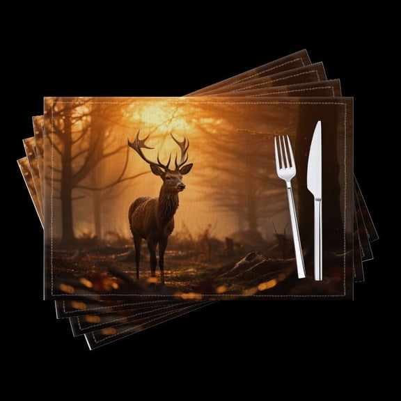 BaHomeck placemats Set of 4 rectangle Linen Cotton Placemats for Dining Table Washable Heat Resistant,18*12inch,Majestic Deer Stands Tall In The Golden Light Of Sunrise