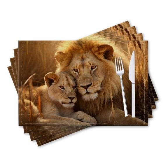 BaHomeck placemats Set of 4 rectangle Linen Cotton Placemats for Dining Table Washable Heat Resistant,18*12inch,Majestic Lion And Cub Basking In The Golden Light Of Sunset