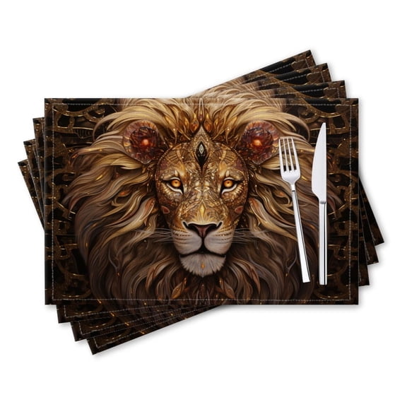 BaHomeck placemats Set of 4 rectangle Linen Cotton Placemats for Dining Table Washable Heat Resistant,18*12inch,Majestic Lion With Golden Mane Adorned In Intricate Patterns