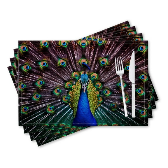 BaHomeck placemats Set of 4 rectangle Linen Cotton Placemats for Dining Table Washable Heat Resistant,18*12inch,Majestic Peacock Displaying Vibrant Plumage With Blue And Green