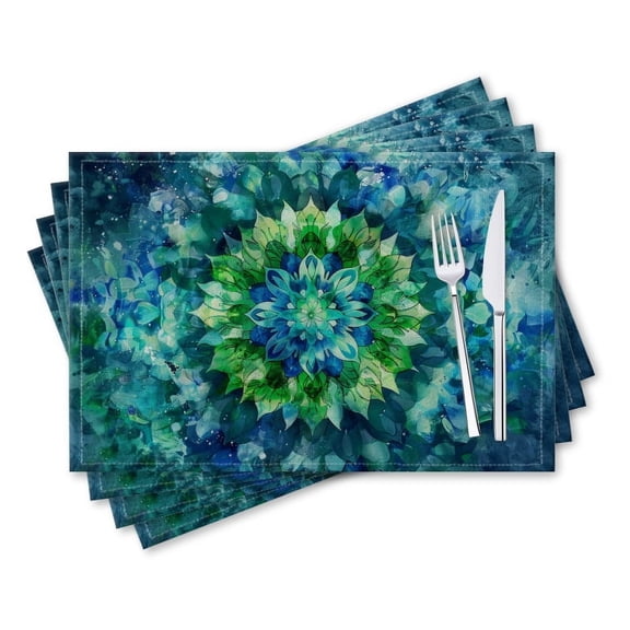 BaHomeck placemats Set of 4 rectangle Linen Cotton Placemats for Dining Table Washable Heat Resistant,18*12inch,Mandala Of Blue And Green Lotus Flowers