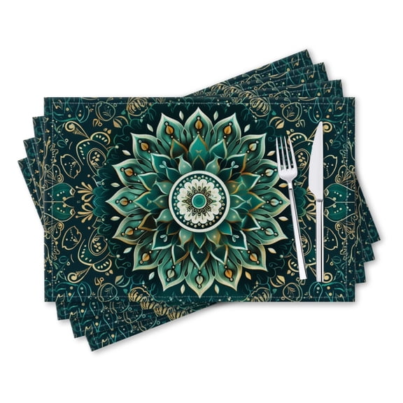 BaHomeck placemats Set of 4 rectangle Linen Cotton Placemats for Dining Table Washable Heat Resistant,18*12inch,Mandala Pattern With Teal And Gold Colors