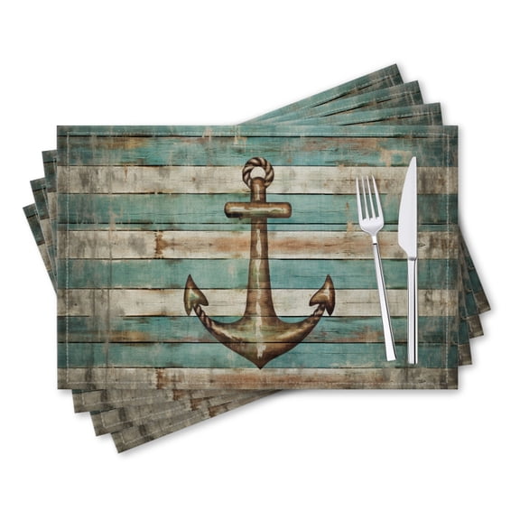 BaHomeck placemats Set of 4 rectangle Linen Cotton Placemats for Dining Table Washable Heat Resistant,18*12inch,Nautical Theme With Featuring Anchor In The Center