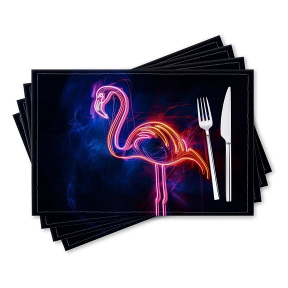 BaHomeck placemats Set of 4 rectangle Linen Cotton Placemats for Dining Table Washable Heat Resistant,18*12inch,Neon Flamingo Drawing On Dark Background