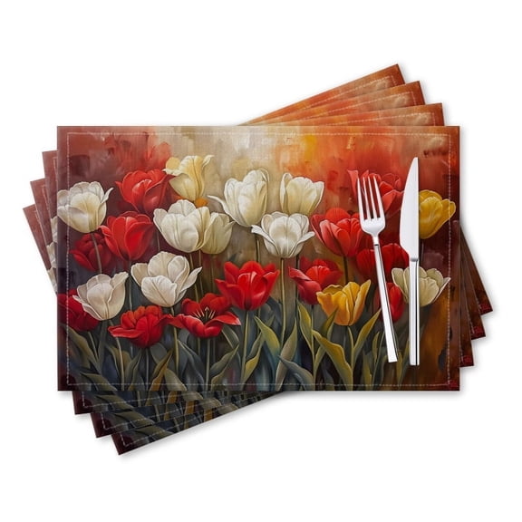 BaHomeck placemats Set of 4 rectangle Linen Cotton Placemats for Dining Table Washable Heat Resistant,18*12inch,Oil Painting Of Array Of Tulips In Red