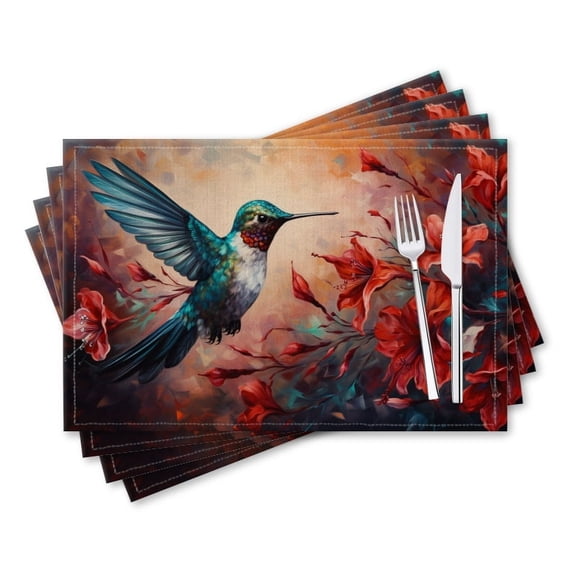 BaHomeck placemats Set of 4 rectangle Linen Cotton Placemats for Dining Table Washable Heat Resistant,18*12inch,Oil Painting Of Hummingbird In Flight With Red Flowers