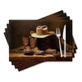 thumbnail image 1 of BaHomeck placemats Set of 4 rectangle Linen Cotton Placemats for Dining Table Washable Heat Resistant,18*12inch,Oil Painting Of Cowboy Boots And Hat Placed On Table, 1 of 4