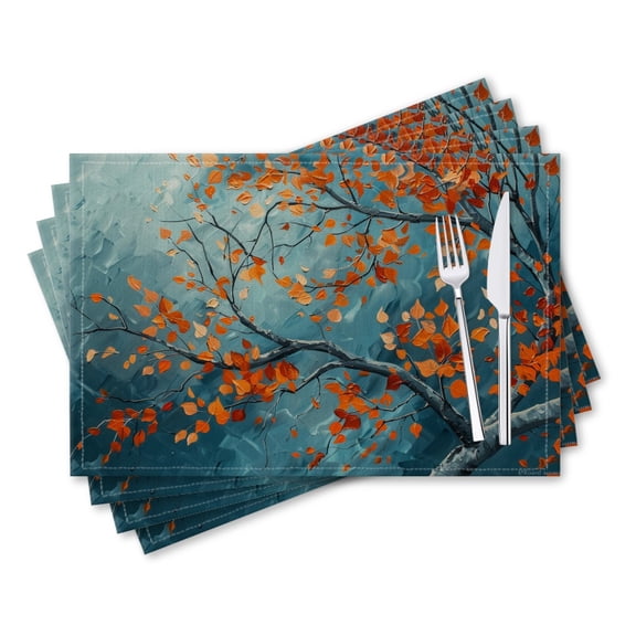 BaHomeck placemats Set of 4 rectangle Linen Cotton Placemats for Dining Table Washable Heat Resistant,18*12inch,Oil Painting Of Orange Leaves On Birch Tree Branches