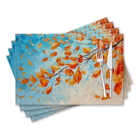 BaHomeck placemats Set of 4 rectangle Linen Cotton Placemats for Dining Table Washable Heat Resistant,18*12inch,Oil Painting Of Orange Leaves Falling From Tree Branches