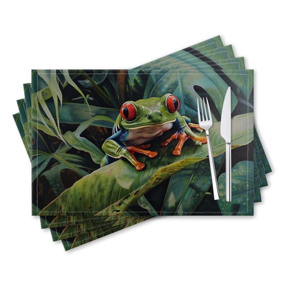 BaHomeck placemats Set of 4 rectangle Linen Cotton Placemats for Dining Table Washable Heat Resistant,18*12inch,Oil Painting Of Red-Eyed Tree Frog Perched On Tropical Leaves