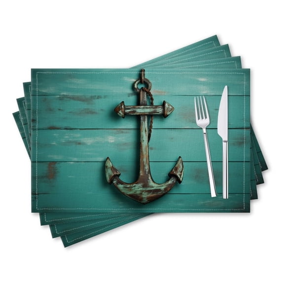 BaHomeck placemats Set of 4 rectangle Linen Cotton Placemats for Dining Table Washable Heat Resistant,18*12inch,Old Rustic Anchor Hanging On Aged Turquoise Wooden Wall