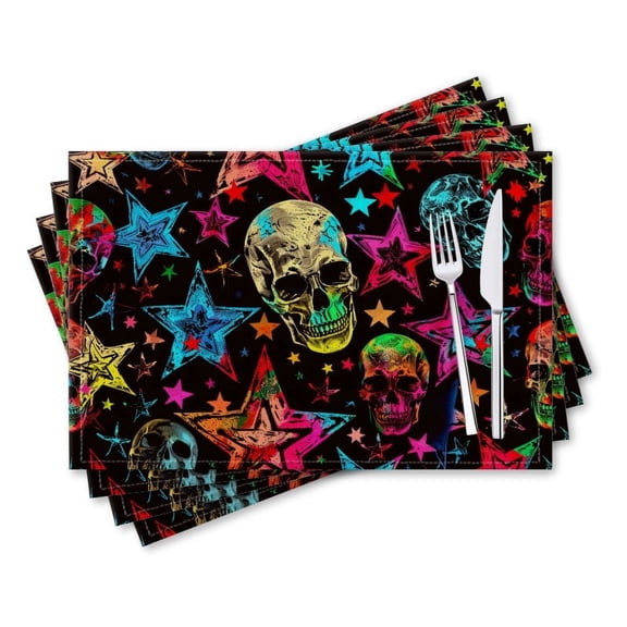 BaHomeck placemats Set of 4 rectangle Linen Cotton Placemats for Dining Table Washable Heat Resistant,18*12inch,Pattern Of Colorful Stars And Skulls On Black Background