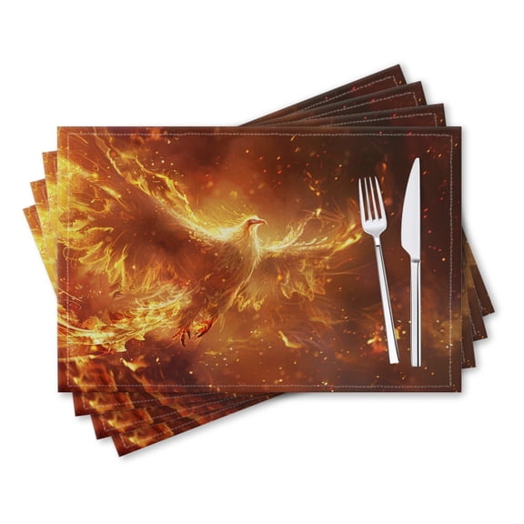 BaHomeck placemats Set of 4 rectangle Linen Cotton Placemats for Dining Table Washable Heat Resistant,18*12inch,Phoenix Rising From The Ashes With Golden Fire Surrounding