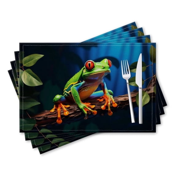 BaHomeck placemats Set of 4 rectangle Linen Cotton Placemats for Dining Table Washable Heat Resistant,18*12inch,Red-Eyed Tree Frog Sitting On Branch With Blue Background