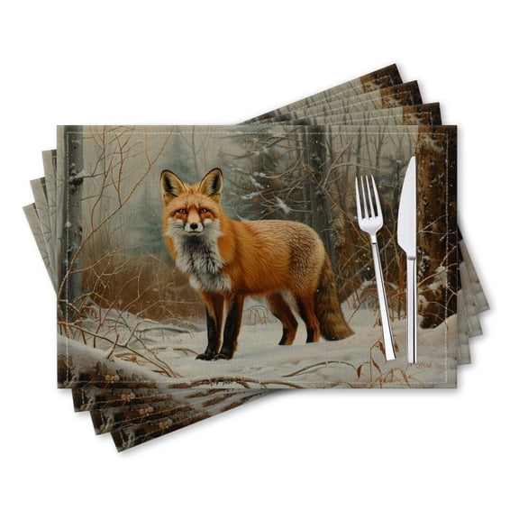 BaHomeck placemats Set of 4 rectangle Linen Cotton Placemats for Dining Table Washable Heat Resistant,18*12inch,Red Fox Standing In The Snow Surrounded By Dense Forest Foliage