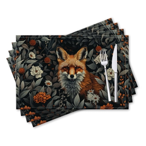 BaHomeck placemats Set of 4 rectangle Linen Cotton Placemats for Dining Table Washable Heat Resistant,18*12inch,Red Fox Surrounded By Flowers And Leaves