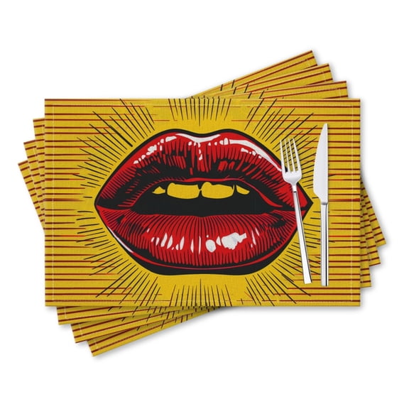 BaHomeck placemats Set of 4 rectangle Linen Cotton Placemats for Dining Table Washable Heat Resistant,18*12inch,Red Lips In Retro Comic Book Style With Halftone Dots