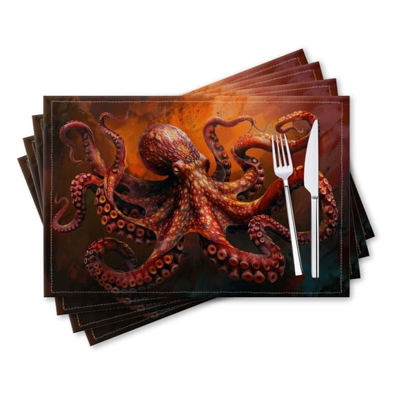 BaHomeck placemats Set of 4 rectangle Linen Cotton Placemats for Dining Table Washable Heat Resistant,18*12inch,Red Octopus On The Dark Orange And Light Crimson Background