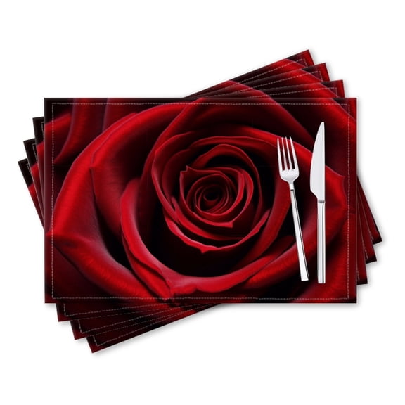 BaHomeck placemats Set of 4 rectangle Linen Cotton Placemats for Dining Table Washable Heat Resistant,18*12inch,Red Rose With Deep Crimson Hues And Intricate Petal