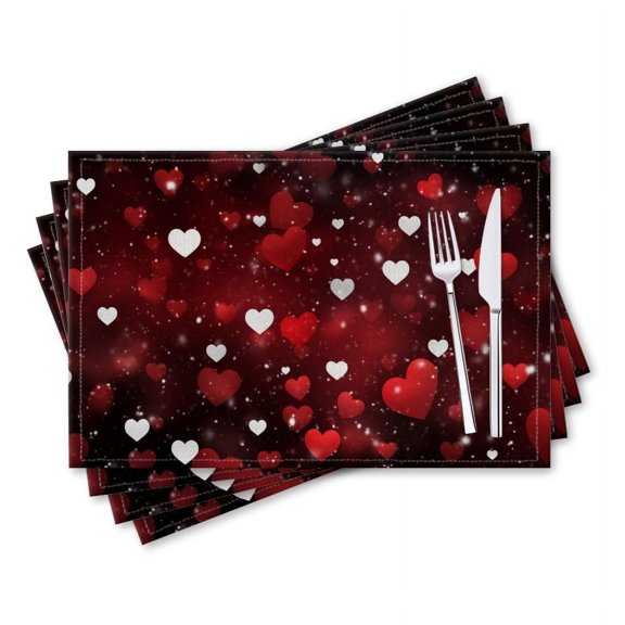 BaHomeck placemats Set of 4 rectangle Linen Cotton Placemats for Dining Table Washable Heat Resistant,18*12inch,Red And White Hearts Floating In Abstract Dark Space