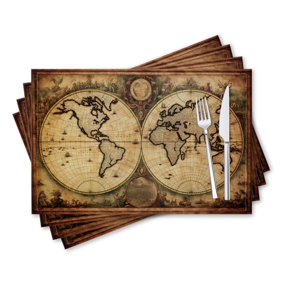 BaHomeck placemats Set of 4 rectangle Linen Cotton Placemats for Dining Table Washable Heat Resistant,18*12inch,Retro World Map With Decorative Borders And Aged Paper Texture