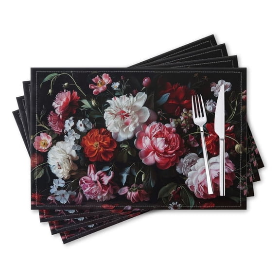 BaHomeck placemats Set of 4 rectangle Linen Cotton Placemats for Dining Table Washable Heat Resistant,18*12inch,Richly Detailed Baroque Oil Painting Of Arrangement Of Flowers